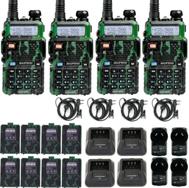 Handy Baofeng UV-5R 8w Camuflado Bi-Banda Kit x4 Hasta 12km + 8 Baterías y 4 Manos Libres