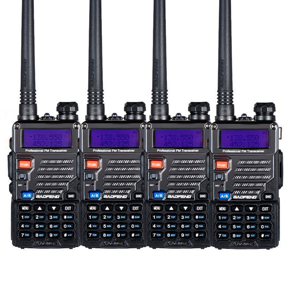 Handy Baofeng UV-5RE Kit x4 Bi-Banda 5w 128CH Hasta 10km + 8 Baterías y 4 Manos Libres
