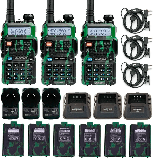 Handy Baofeng UV-5R 8w Camuflado Bi-Banda Kit x3 Hasta 12km + 6 Baterías y 3 Manos Libres