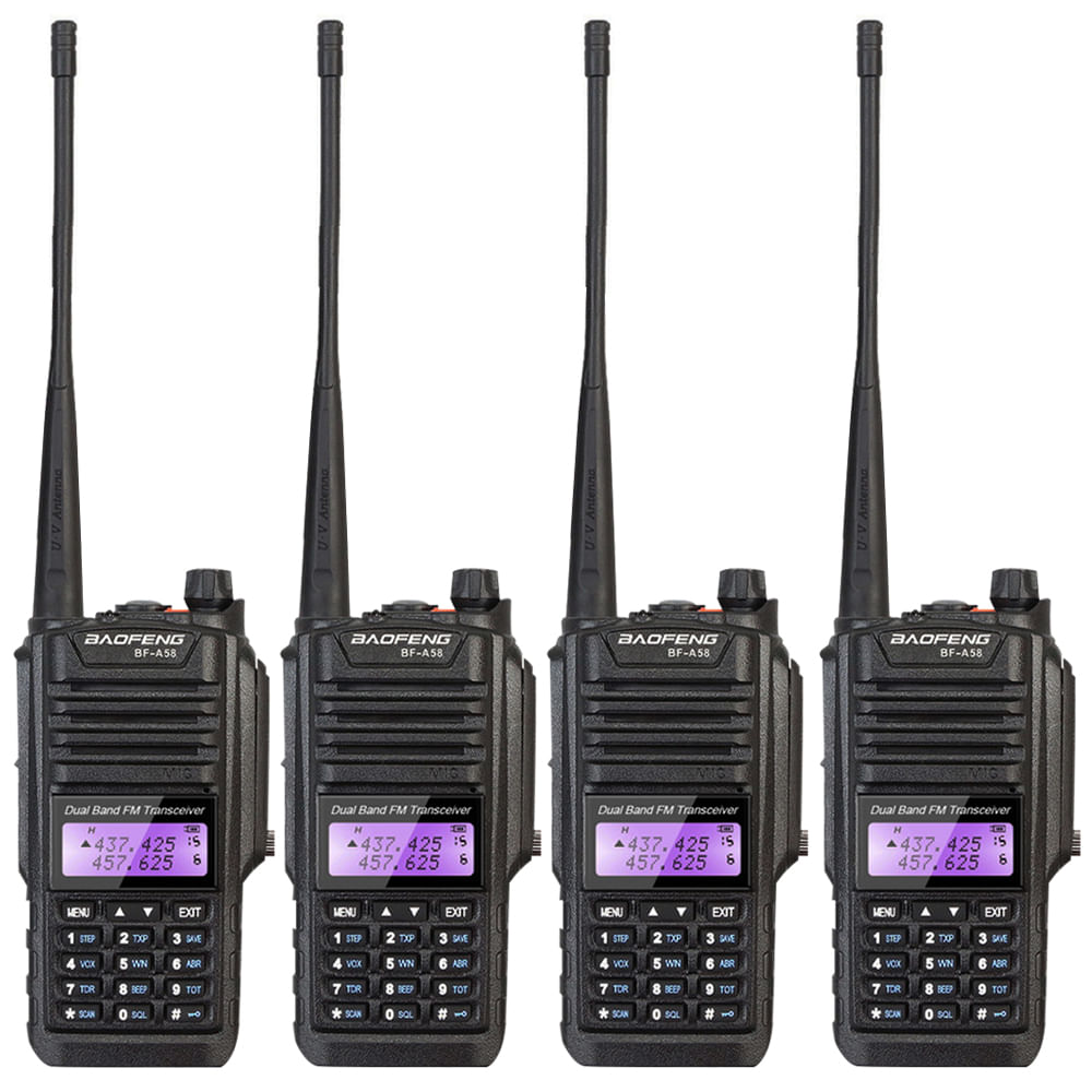 Handy Baofeng A-58 Kit x4 Bi-Banda 5w 128CH Hasta 12km + 8 Baterías y 4 Manos Libres