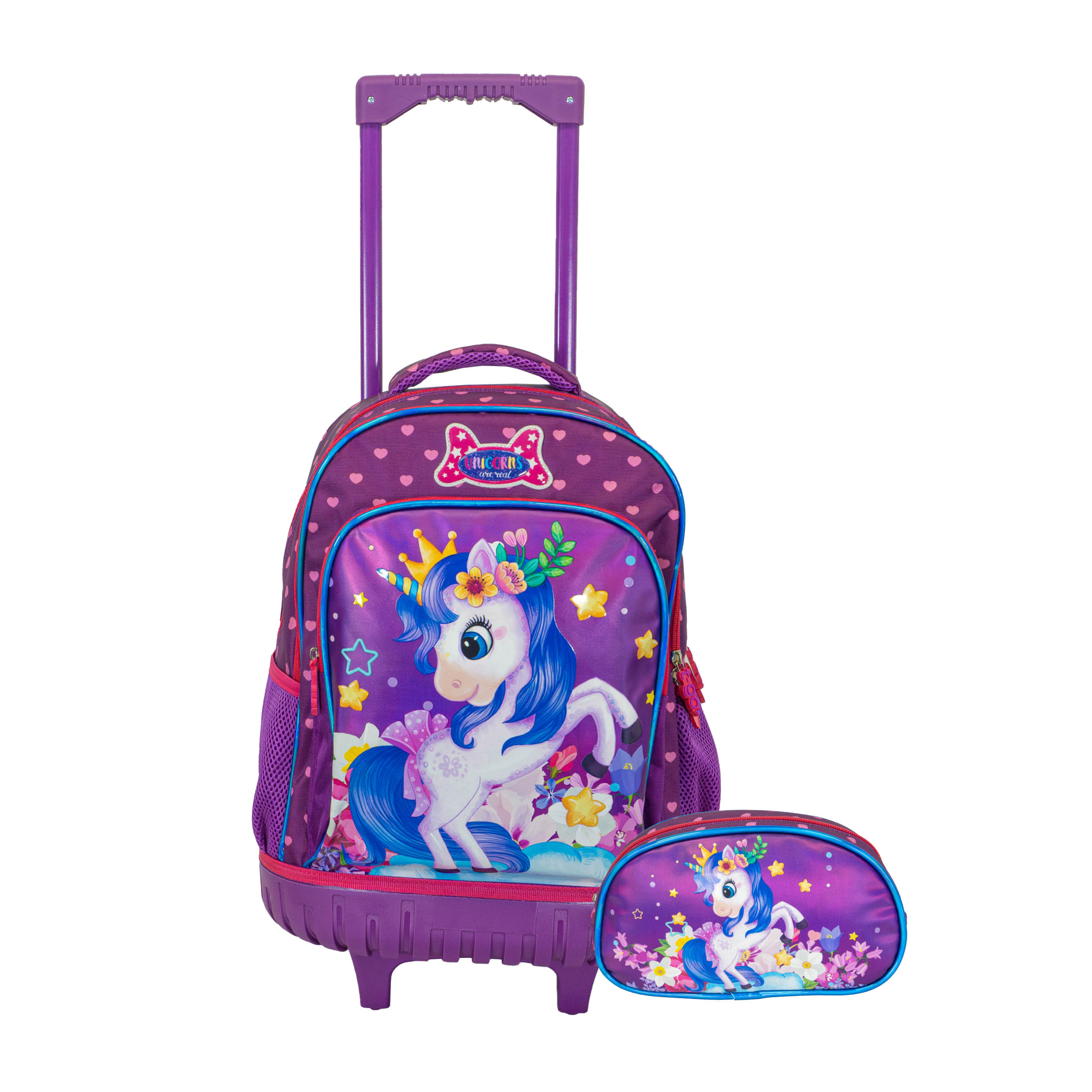 Mochila Carrito con luces led + Cartuchera Escolar Reforzada para nena Unicornio