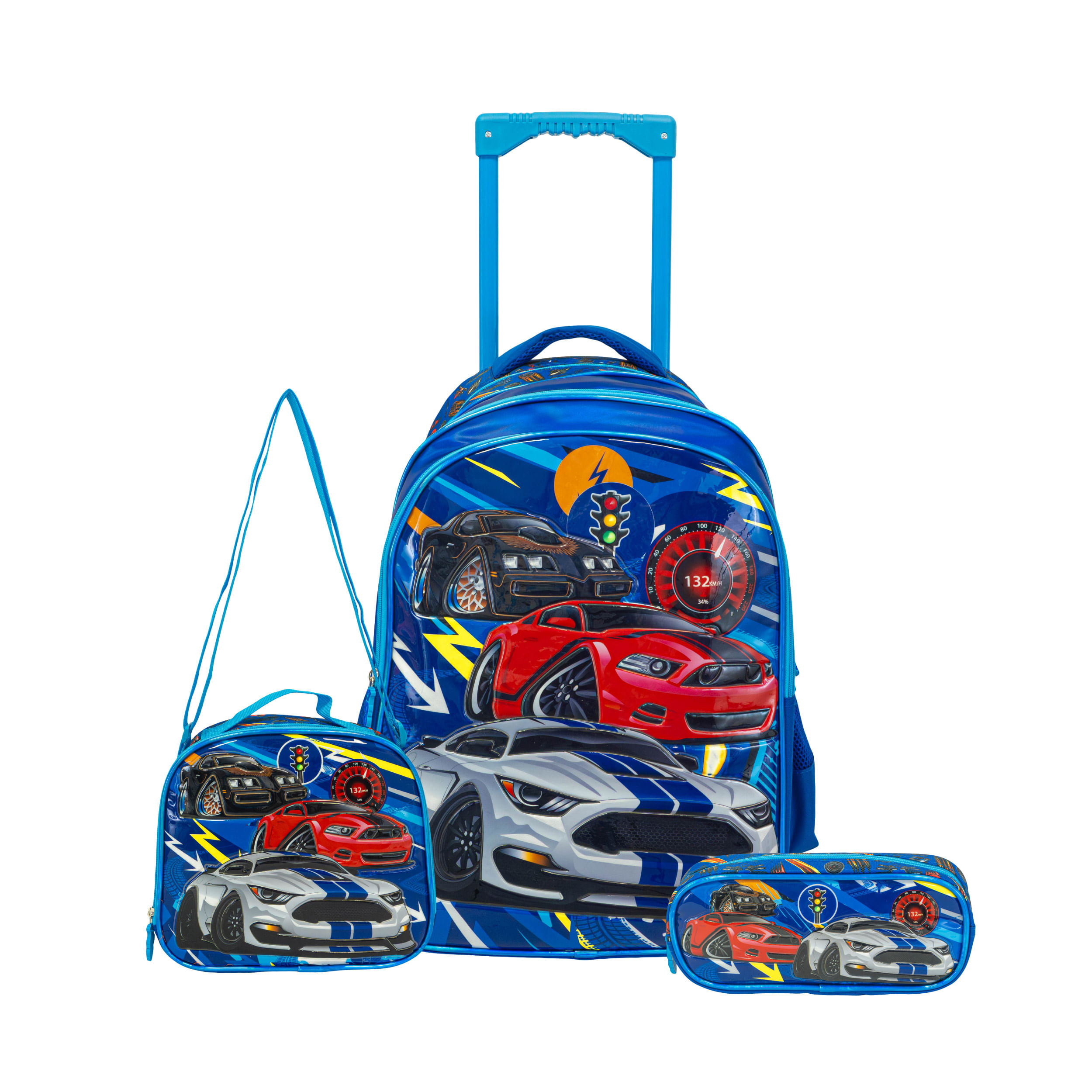 Mochila Carrito+ Cartuchera + Lunchera Escolar para nene Autos