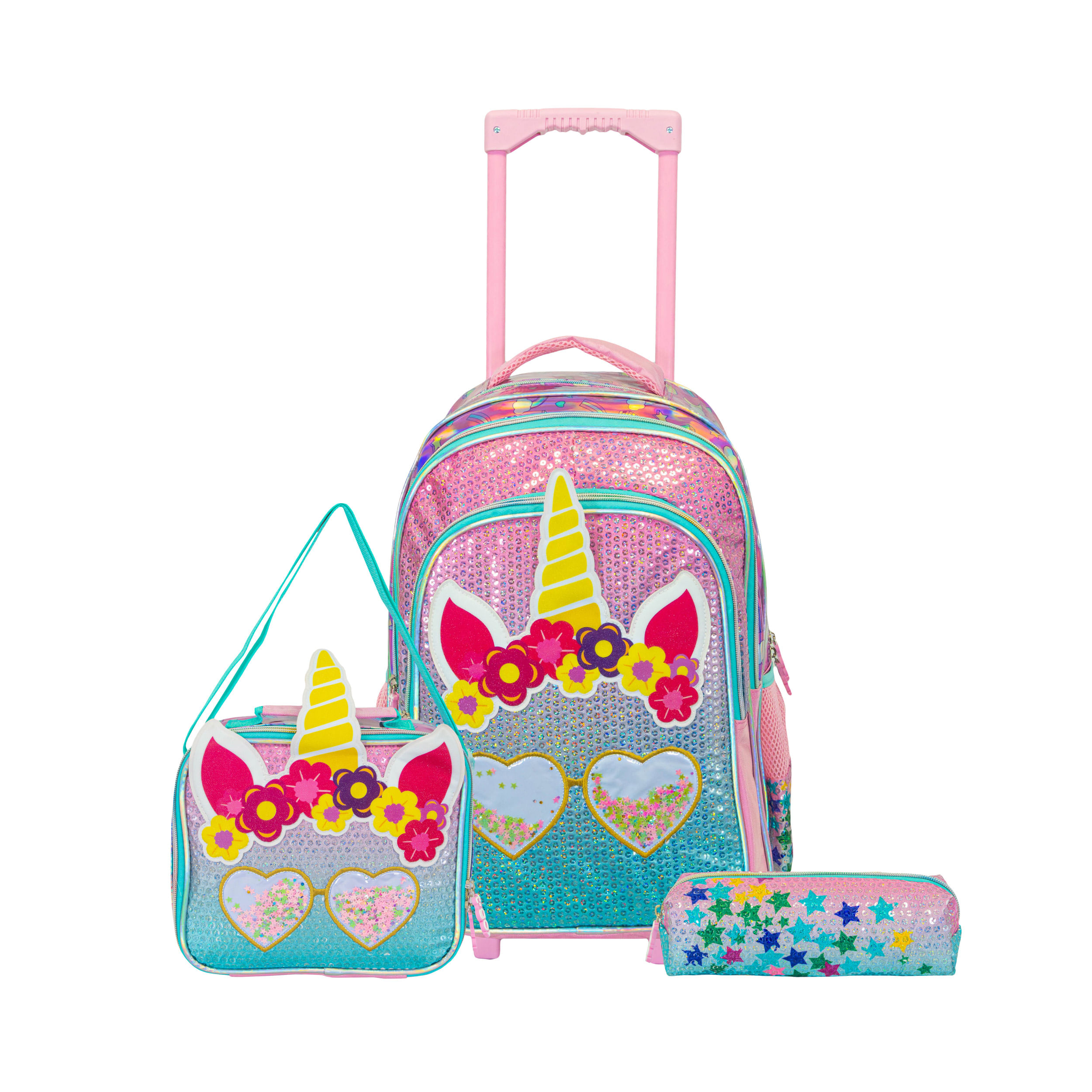 Mochila Carrito + Cartuchera Escolar + Lonchera Infantil Nena Niña Unicornio Lentejuelas Primaria