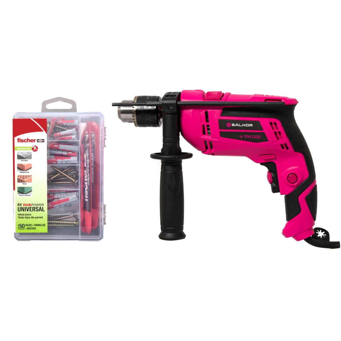 Combo Taladro Atornillador Percutor 600 + Kit Tacos Tornillos Y Mechas