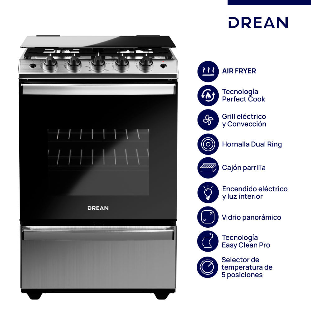 Cocina Multigas 56 cm Inoxidable Con Air Fryer Drean CD5617AI0