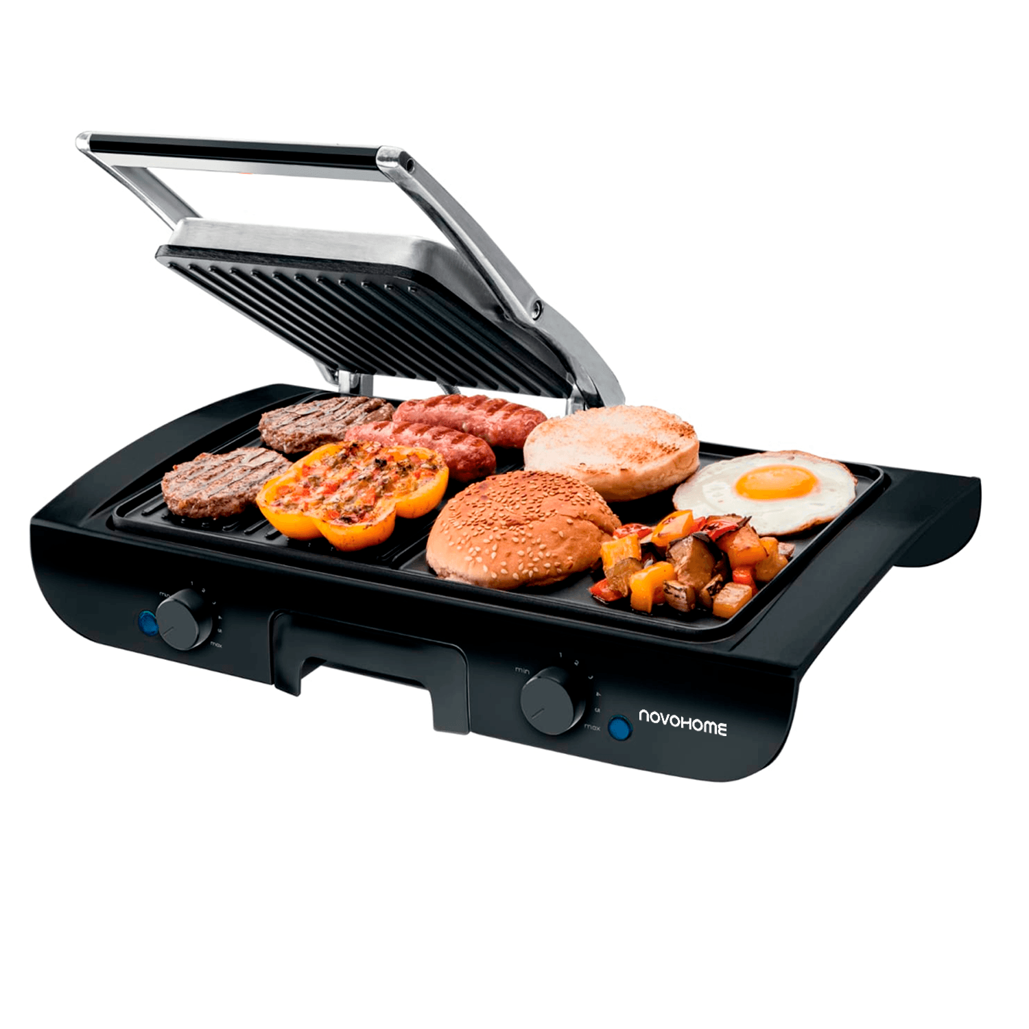 Parrilla Grill C/Tapa Prensa Y Plancha Bifera Novohome 1500w