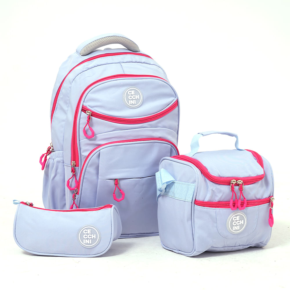Set Escolar Cecchini Mochila + Lunchera + Cartuchera Colores