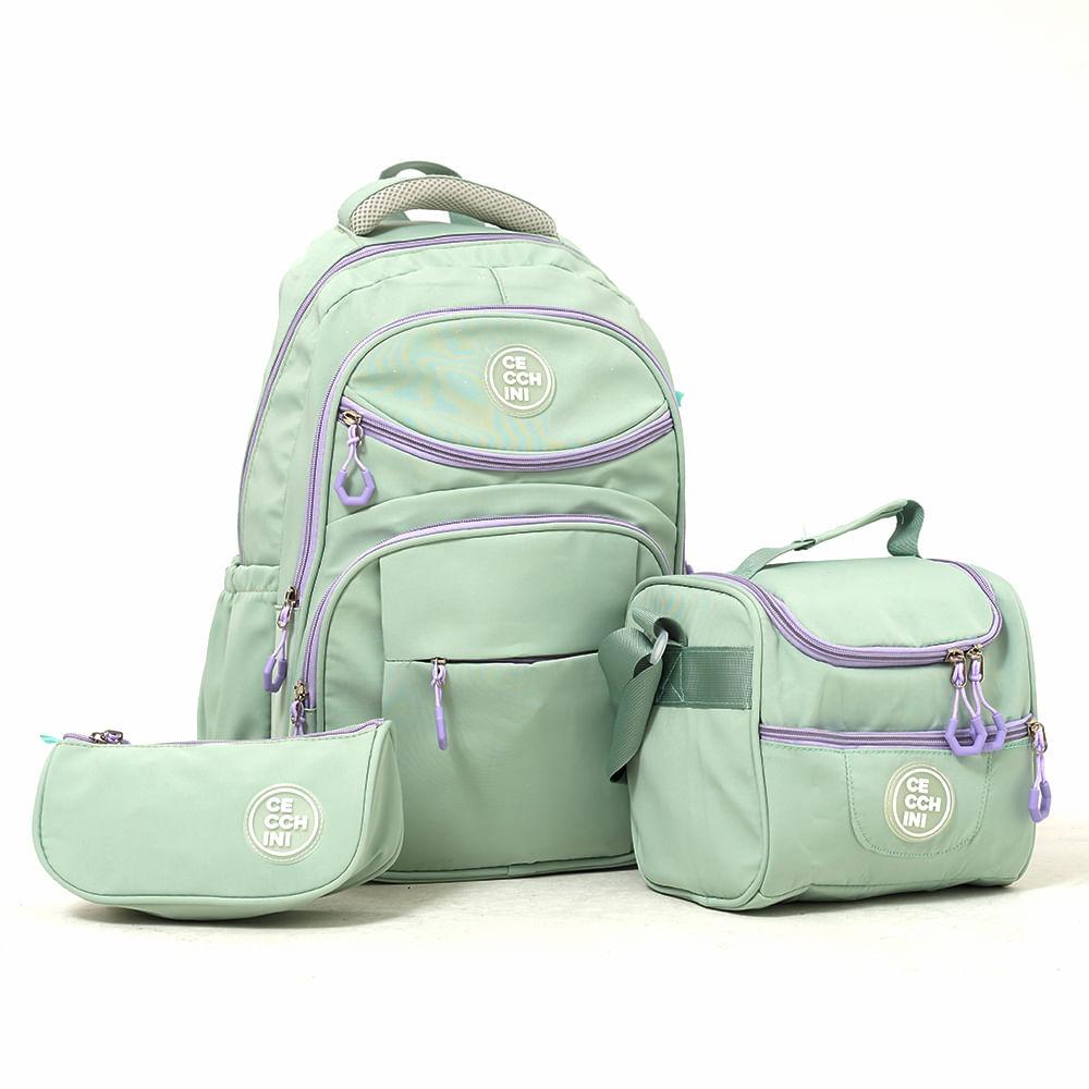 Set Escolar Cecchini Mochila + Lunchera + Cartuchera Colores
