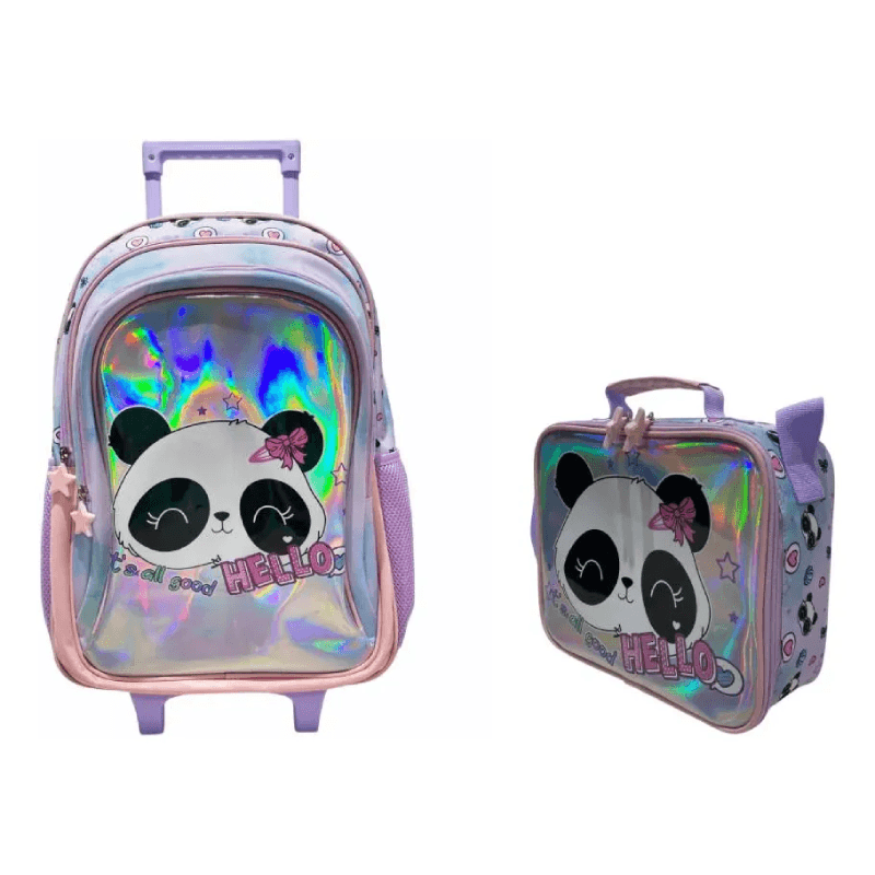 Combo Escolar Mochila Panda 18p + Lunchera Zykl004 Shine Lila Con Rosa