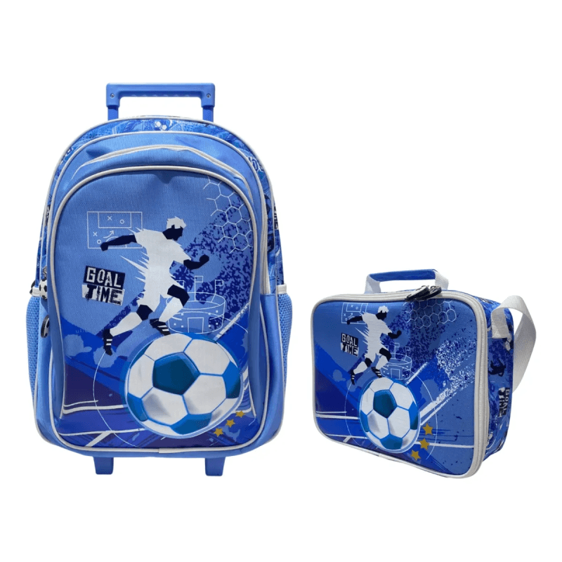 Combo Escolar Mochila 18p Con Lunchera Futbol Zykl003 Shine Celeste Con Blanco