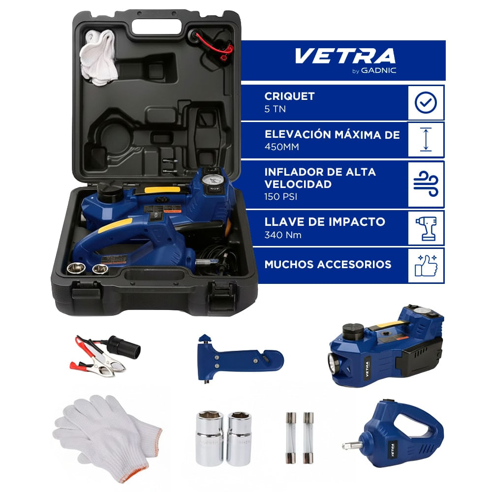 Crique Eléctrico 12v Auto VETRA By Gadnic 5 Toneladas Automático Multifunción Inflador