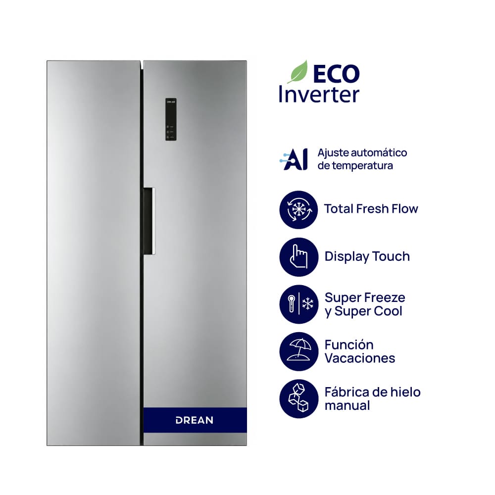 Heladera Side by Side Inverter con IA 472 L Inox Drean DSP472LKRSS0