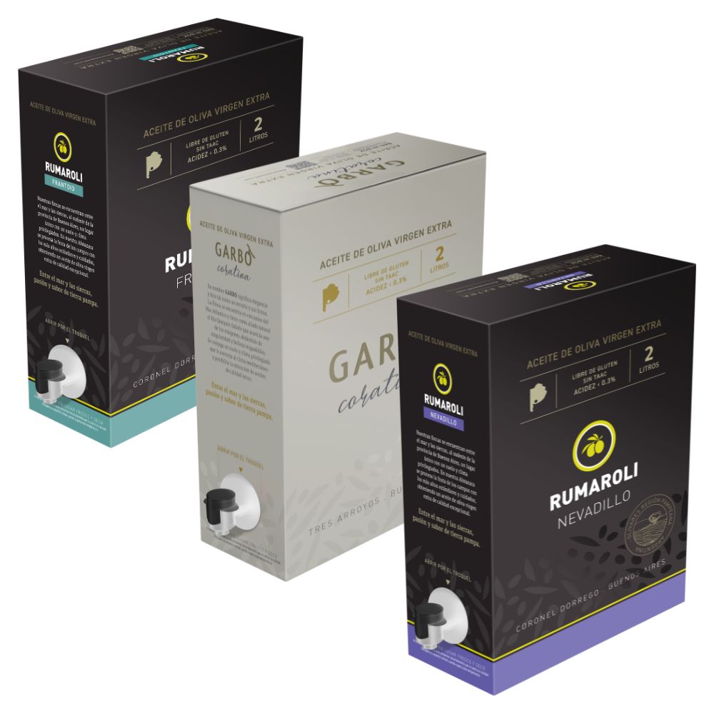 Set Aceite De Oliva Virgen Extra Rumaroli Frantoio Nevadillo Garbo Coratina 2l Caja BIB