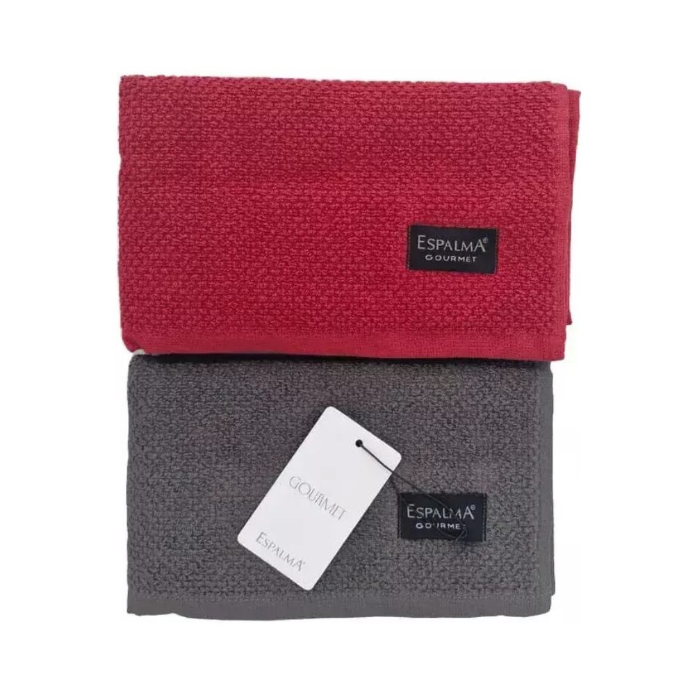 Set X2 Repasadores Espalma Gourmet Toallas De Cocina Algodón Gris Y Rojo
