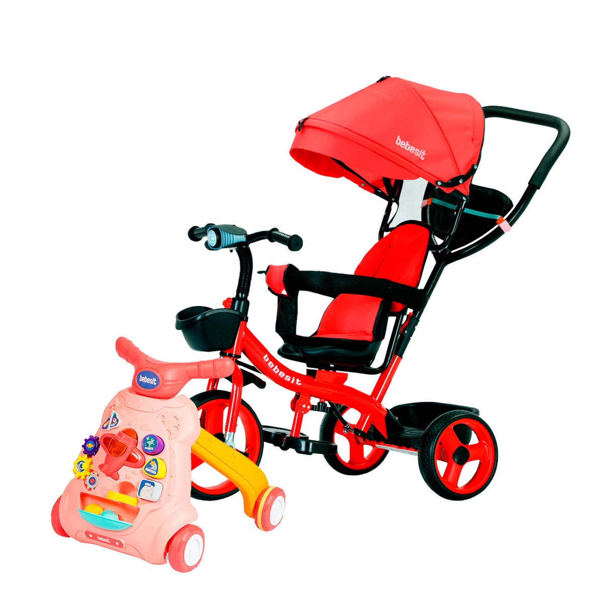 Combo Caminador Musical - Rosa + Triciclo Premium 360° Luz Y Barra Empuje Rojo