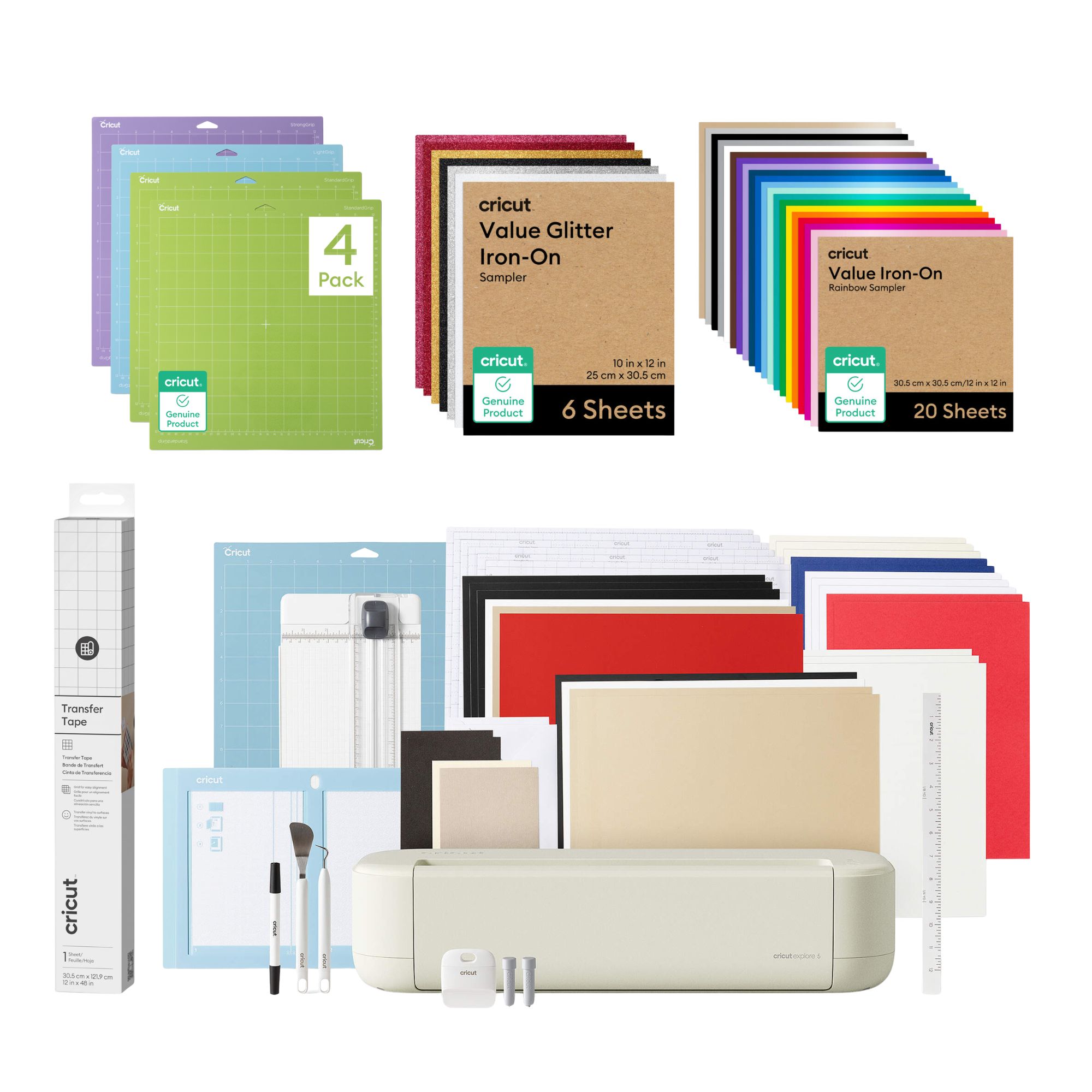 Kit Esencial Cricut Explore 5 Con Vinilo Glitter y Multicolor Tapetes y Cinta de Transferencia
