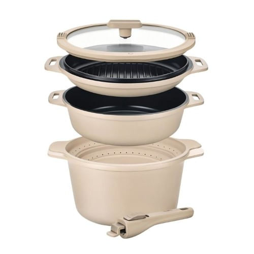 Batería de Cocina Carol Antiadherente 6 en 1 de Aluminio Fundido con Mango Extraíble Beige